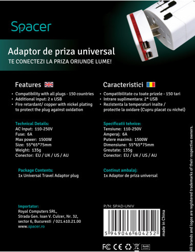 ADAPTOR universal SPACER, Schuko x 1, conectare Socket
