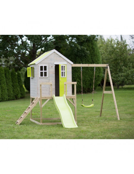 Casuta de gradina Lime Lodge cu platforma, tobogan si leagan Casuta de gradina Lime Lodge cu platforma, tobogan si leagan