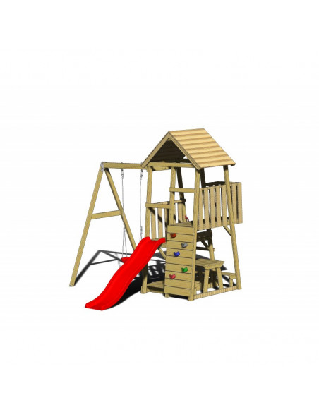 Turn de joaca cu 2 platforme, panou de catarare, tobogan Turn de joaca cu 2 platforme, panou de catarare, tobogan