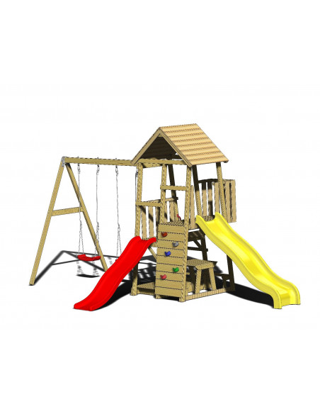 Turn de joaca cu 2 platforme, panou de catarare, tobogan, 2 Turn de joaca cu 2 platforme, panou de catarare, tobogan, 2