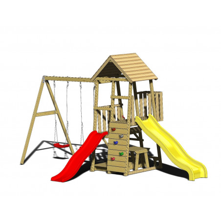 Turn de joaca cu 2 platforme, panou de catarare, 2 tobogane, 2 Turn de joaca cu 2 platforme, panou de catarare, 2 tobogane, 2