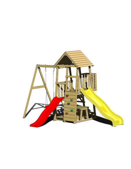 Turn de joaca cu 2 platforme, panou de catarare, 2 tobogane