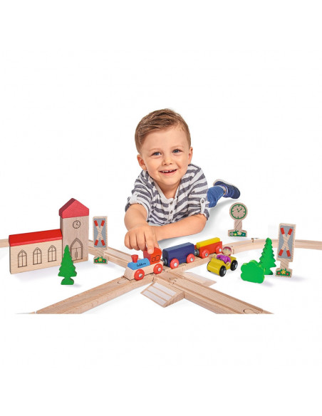 Set din lemn Eichhorn Tren cu sina in forma 8 si