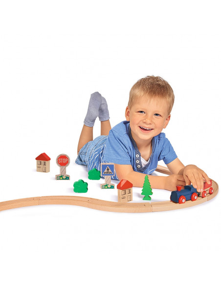Set din lemn Eichhorn Tren albastru cu sina circulara si