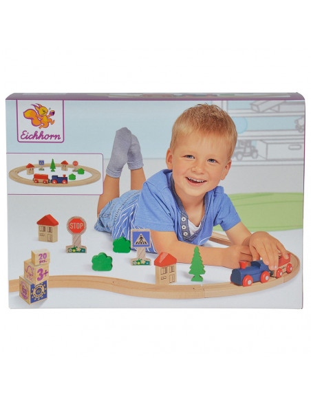 Set din lemn Eichhorn Tren albastru cu sina circulara si