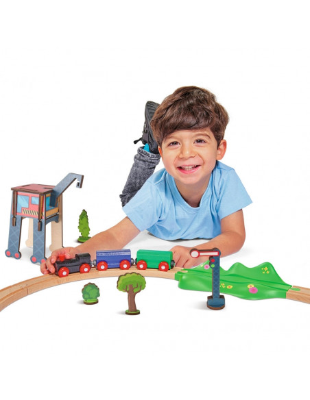Set din lemn Eichhorn Tren cu sina ovala si accesorii,S100001261