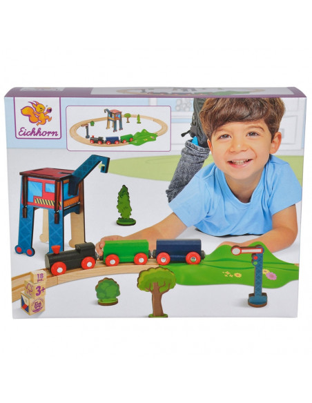 Set din lemn Eichhorn Tren cu sina ovala si accesorii,S100001261