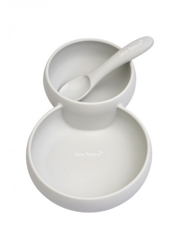 Set 2 in 1 Farfurie cu Bol si Lingurita din Silicon Twin