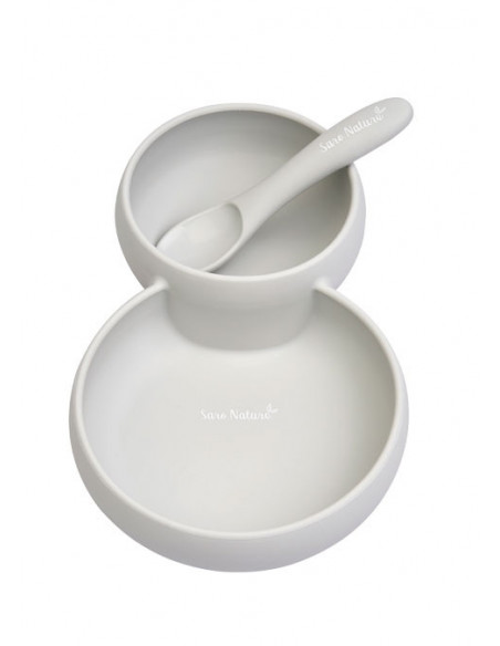 Set 2 in 1 Farfurie cu Bol si Lingurita din Silicon Twin