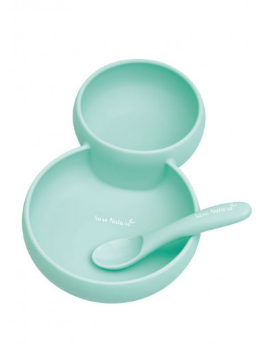 Set 2 in 1 Farfurie cu Bol si Lingurita din Silicon Twin