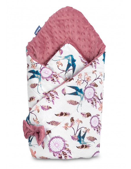 Paturica nou-nascut Sensillo Minky Wrap Retro Birds Pink 80x80