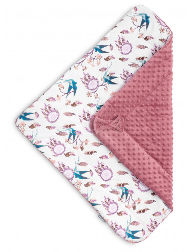 Paturica nou-nascut Sensillo Minky Wrap Retro Birds Pink 80x80
