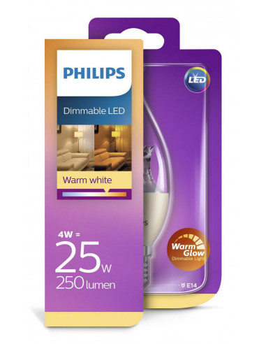 Bec LED Philips tip lumanare E14, 4W(25W), lumină caldă