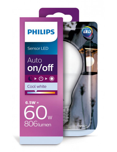Bec LED cu senzor lumina Philips, E27, 6.5W (60W), 806 lm, A++