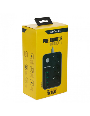Prelungitor cu protectie Serioux, 3 prize schuko, input