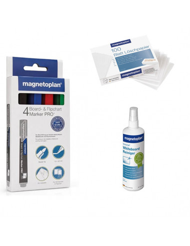 Set Whiteboard Magnetoplan - 4 markere, spray curatare si