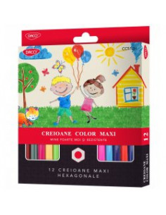 Creioane colorate hexagonale Maxi Daco, 12 culori