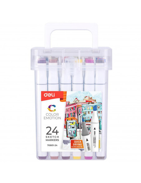 Markere cu 2 capete 1 mm/7 mm, 24 culori/set, DELI Sketch Color Markere cu 2 capete 1 mm/7 mm, 24 culori/set, DELI Sketch Color