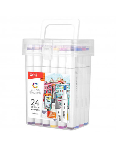 Markere cu 2 capete 1 mm/7 mm, 24 culori/set, DELI Sketch Color Markere cu 2 capete 1 mm/7 mm, 24 culori/set, DELI Sketch Color