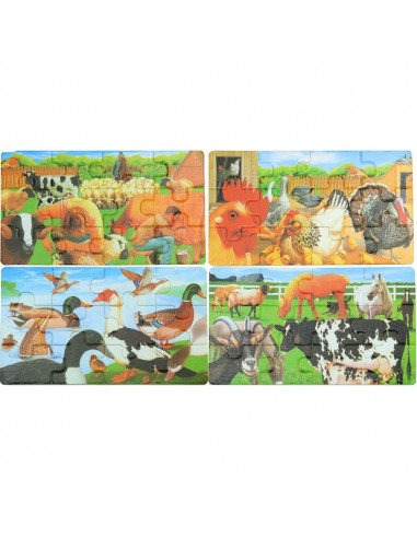 Puzzle Lemn, 12 Piese, 4 Puzzle In Cutie - Animale