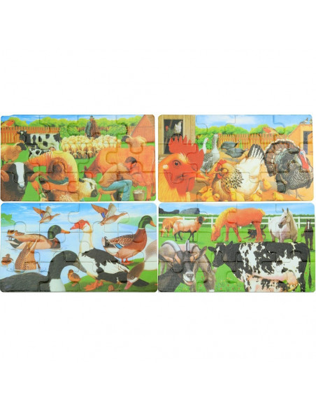 Puzzle Lemn, 12 Piese, 4 Puzzle In Cutie - Animale