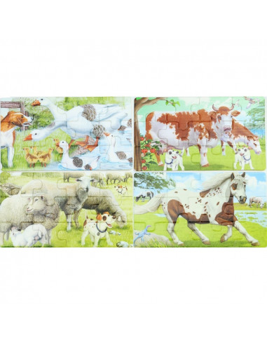 Puzzle Lemn, 12 Piese, 4 Puzzle In Cutie - Animale Domestice