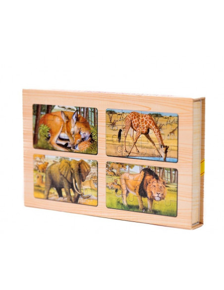 Puzzle Lemn, 12 Piese, 4 Puzzle In Cutie - Animale