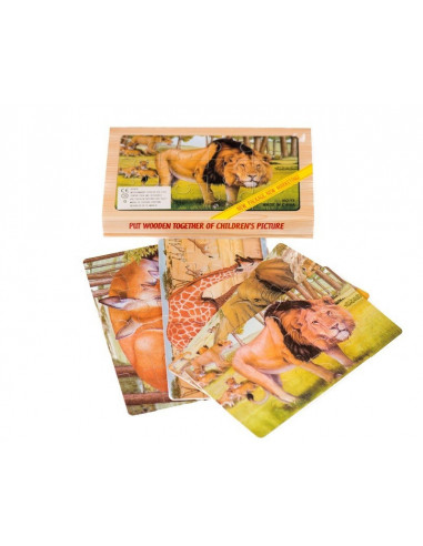 Puzzle Lemn, 12 Piese, 4 Puzzle In Cutie - Animale