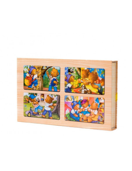 Puzzle Lemn, 12 Piese, 4 Puzzle In Cutie - Ursuleti,Puz3