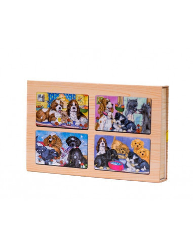 Puzzle Lemn, 12 Piese, 4 Puzzle In Cutie - Familie De Catei,Puz2