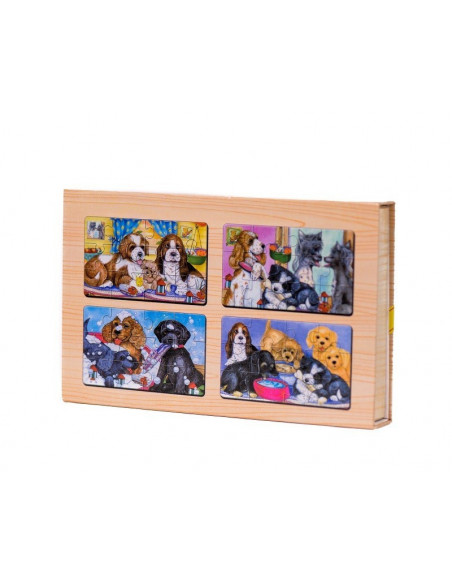 Puzzle Lemn, 12 Piese, 4 Puzzle In Cutie - Familie De Catei,Puz2