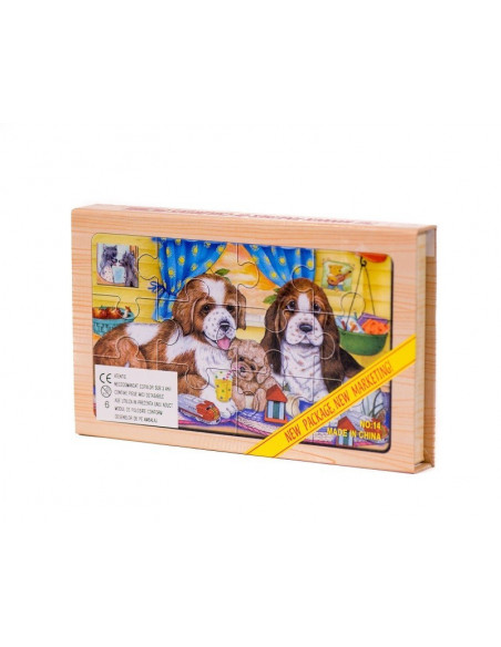 Puzzle Lemn, 12 Piese, 4 Puzzle In Cutie - Familie De Catei,Puz2
