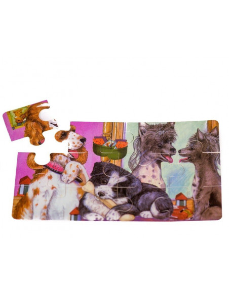 Puzzle Lemn, 12 Piese, 4 Puzzle In Cutie - Familie De Catei,Puz2