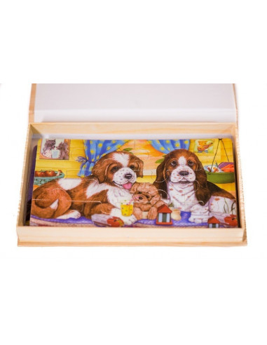 Puzzle Lemn, 12 Piese, 4 Puzzle In Cutie - Familie De Catei,Puz2