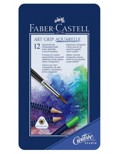 FC114212,Creioane Colorate Faber-Castell Aquarelle Art Grip, 12 Culori, Cutie Metal