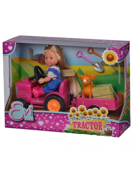 Set Simba Papusa Evi Love 12 cm, tractor cu remorca si