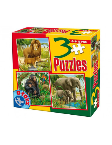 Animale Salbatice, 3 Puzzle-Uri D-Toys Model 4 - 6, 9, 16