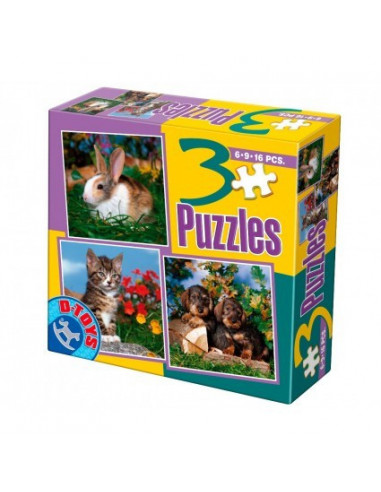 3 Puzzle-Uri D-Toys Foto Animale Domestice Model 2- 6, 9, 16
