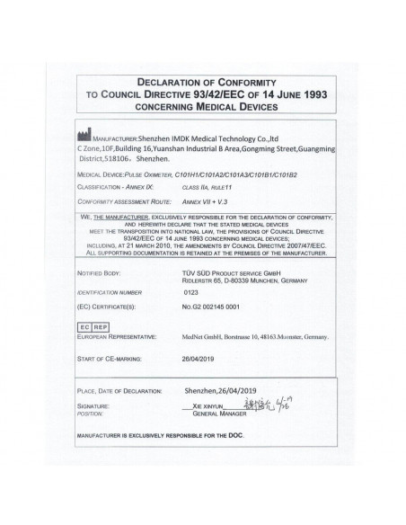 Pulsoximetru digital, Certificat Medical,C101A3