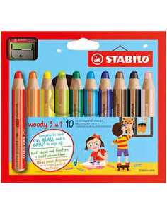 Set 10 creioane colorate Stabilo Woody 3in1, portofel carton si ascutitoare