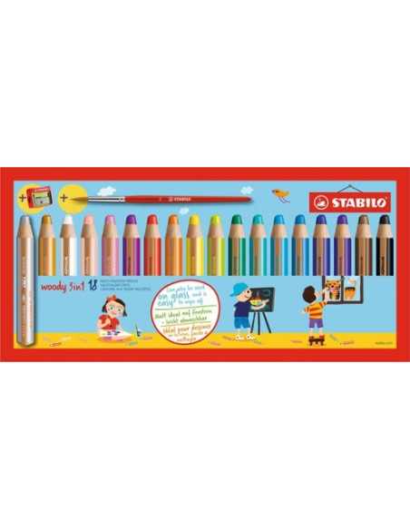 SW880183,Set 18 creioane colorate Stabilo Woody 3 in 1, pensula si ascutitoare incluse