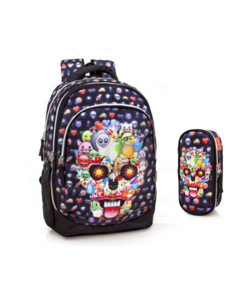 Set scoala Emoji Skull - Ghiozdan, Penar etui oval,SET-1636+1650