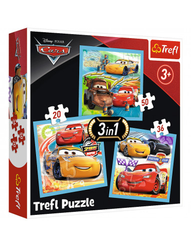 Set puzzle 3 in 1 Trefl Disney Cars, Pregatiri pentru cursa