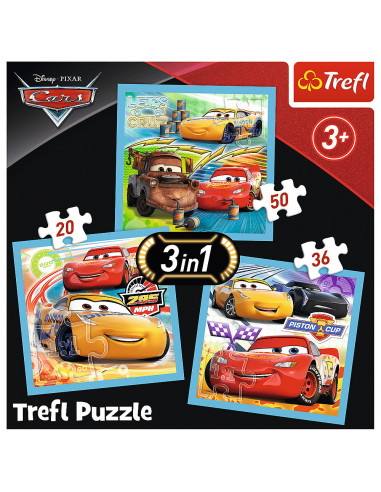 Set puzzle 3 in 1 Trefl Disney Cars, Pregatiri pentru cursa