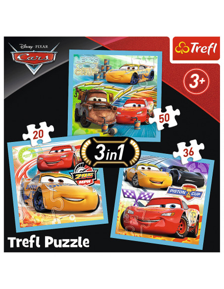 Set puzzle 3 in 1 Trefl Disney Cars, Pregatiri pentru cursa