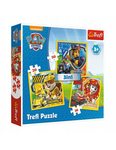 Set puzzle 3 in 1 Trefl Paw Patrol, Marshall Rubble si Chase