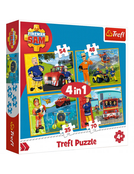Set puzzle 4 in 1 Trefl Fireman Sam, Pompierul Sam in ajutor