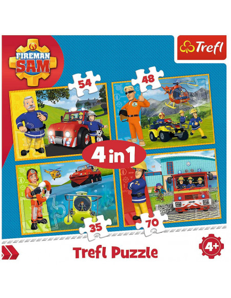 Set puzzle 4 in 1 Trefl Fireman Sam, Pompierul Sam in ajutor