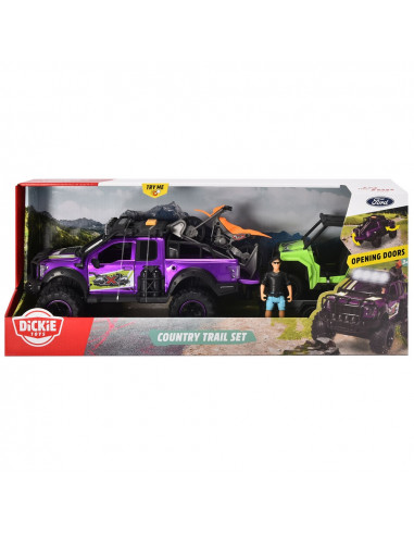 Set Dickie Toys Country Trail 2 masinute, motocicleta, figurina