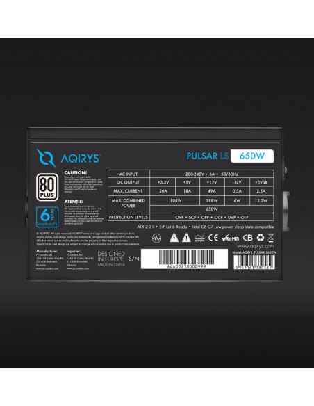 Sursa Aqirys Pulsar LS 650W 80+ White certified, culoare